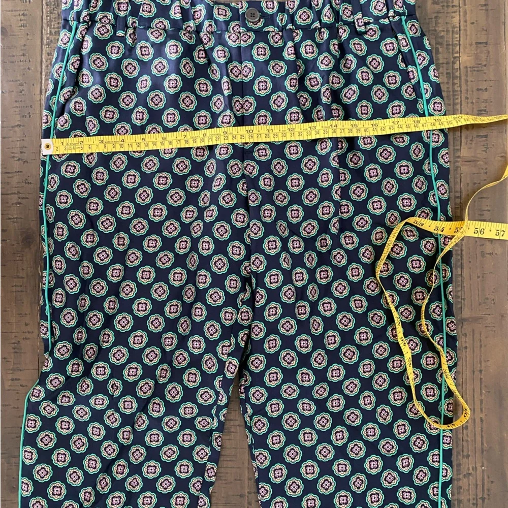 J.Crew Printed Slim (100%) Silk Pants | Navy & Green Pattern | Size 12 Like New